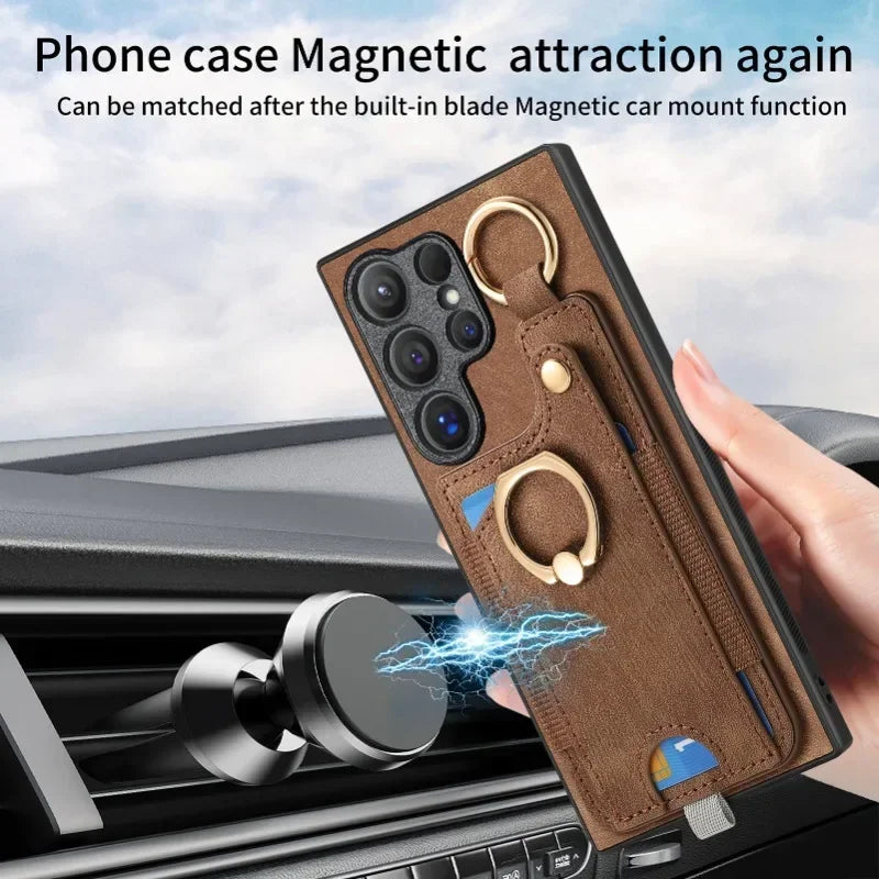 Leather magnetic wallet card insert phone case for Samsung