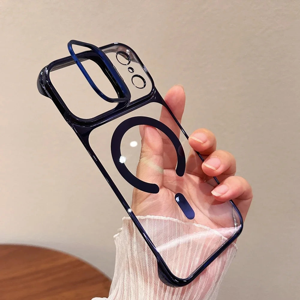Clear Broderless PC Plating Case for iPhone Hold Lens Bracket