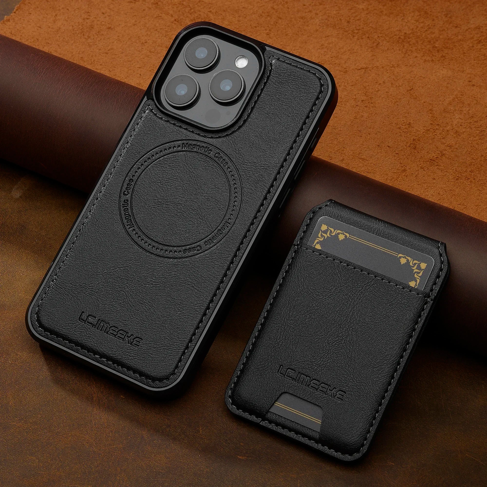 Detachable magnetic 2-in-1 genuine leather strap phone case with card slot for iPhone.