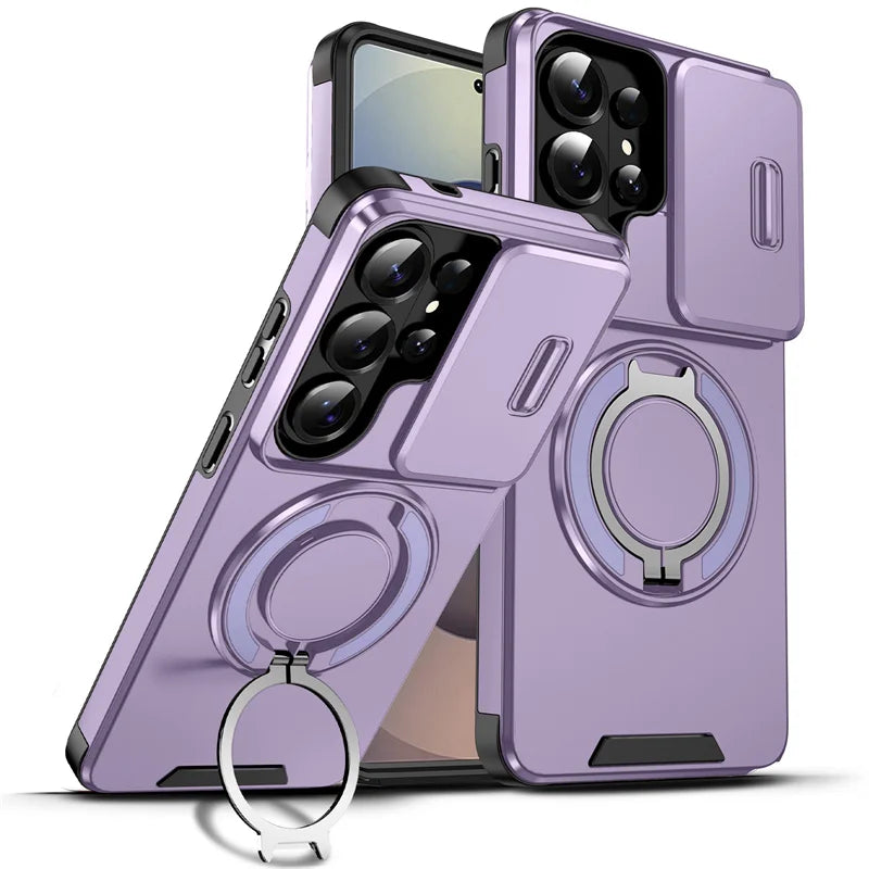 Samsung phone slider camera case with car magnetic mount and metal ring