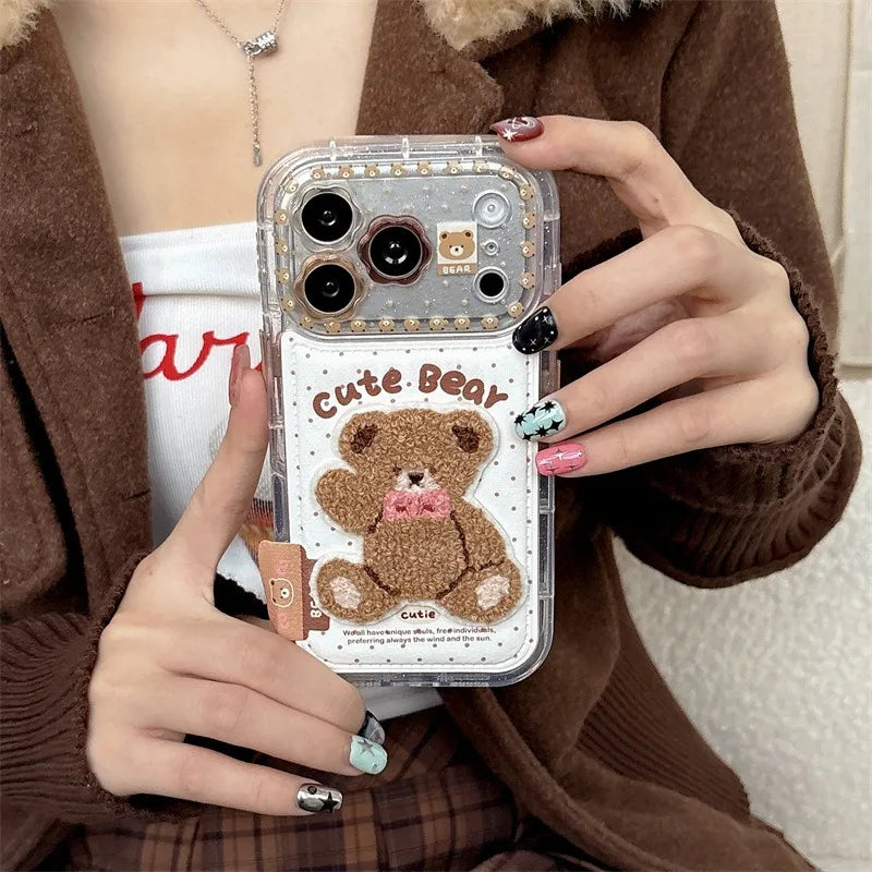 Embroidery Cute Bear Phone Case For iPhone Full Cover