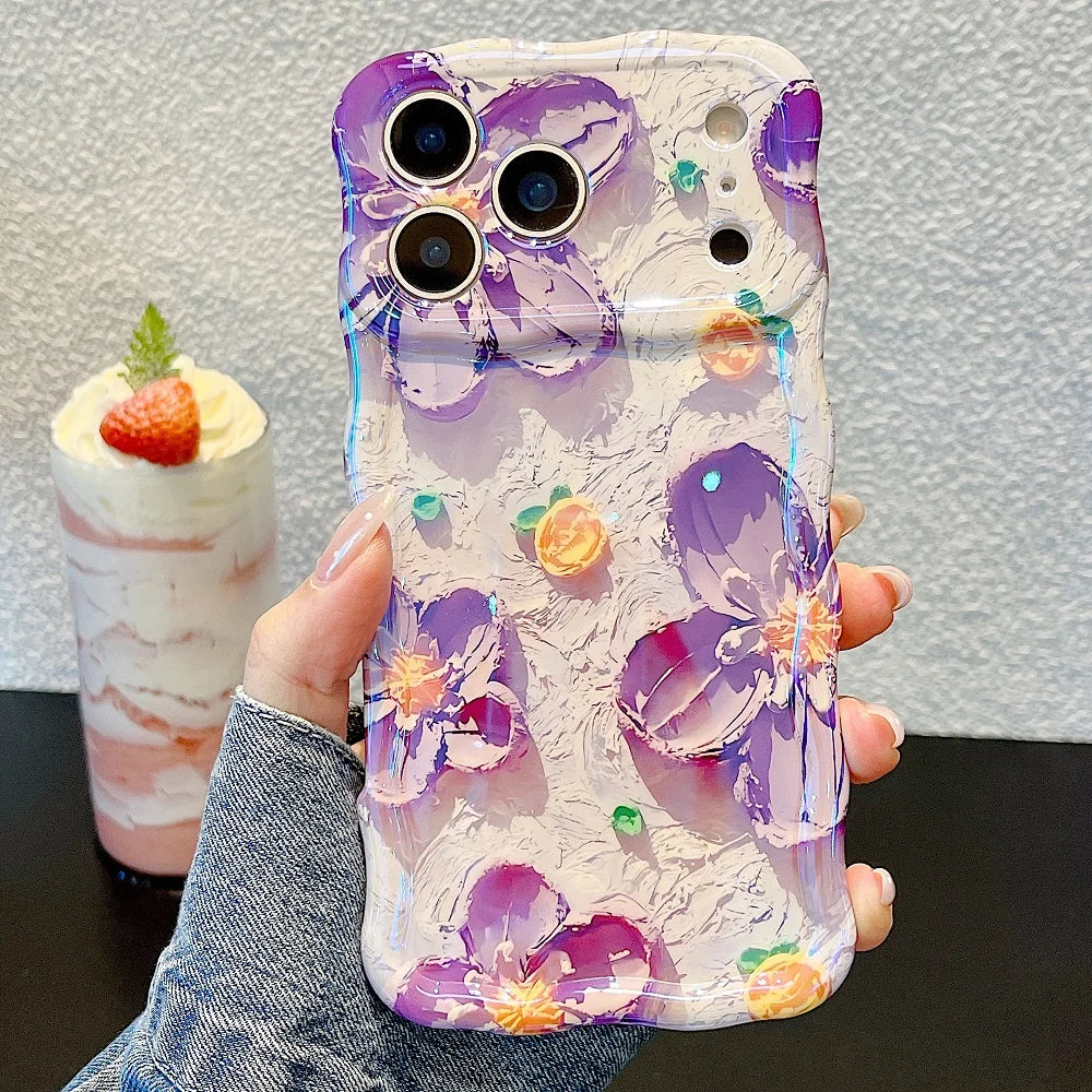 Luxury Wave Edge Laser Oil Painting Flowers Pattern Phone Case For iPhone