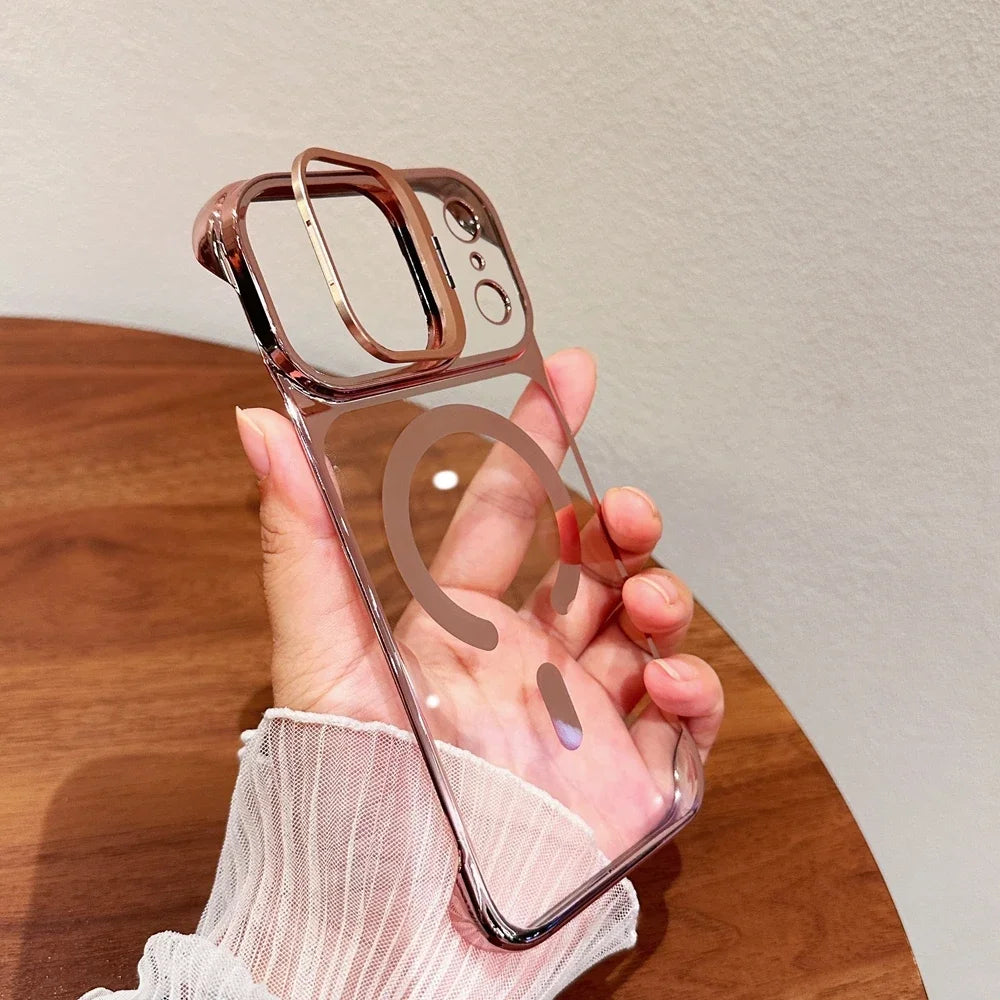 Clear Broderless PC Plating Case for iPhone Hold Lens Bracket