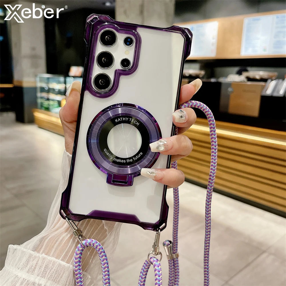 Electroplating bracket magnetic charging lanyard phone case suitable for Samsung