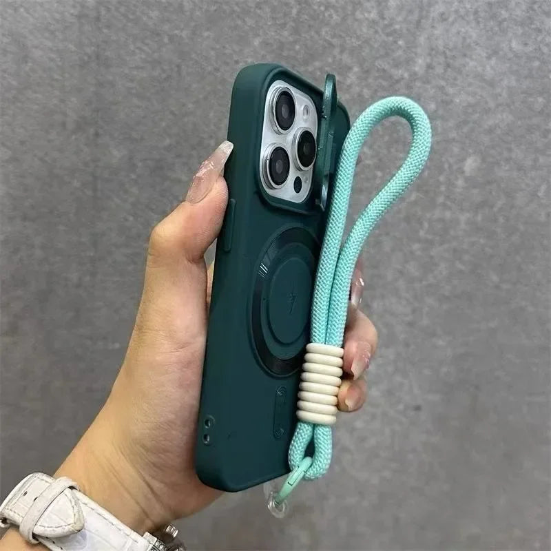 Luxury flip style lens holder hanging rope phone case for iPhone