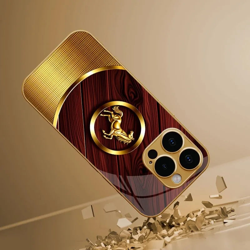 High End Golden Horse Pattern Tempered Glass Phone Case For iPhone 