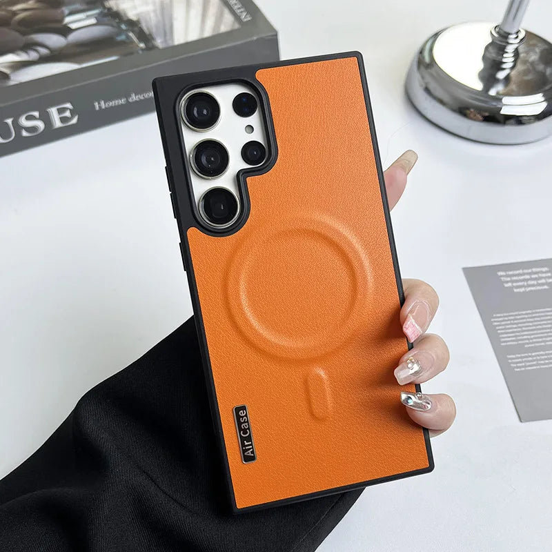 Leather Side Border Colorblock Soft Magsafe Magnetic Case for Samsung