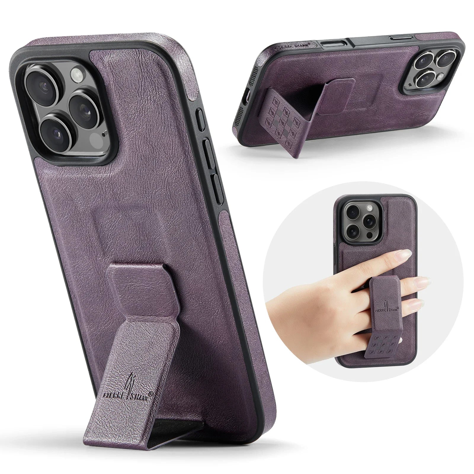 Leather+Soft Frame Cover Phone Case Finger Holder for IPhone
