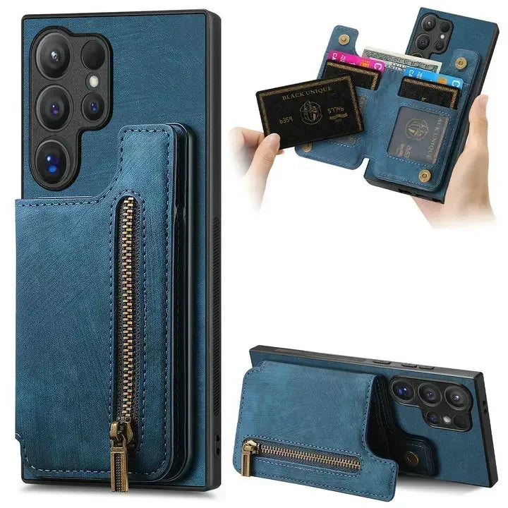 Zipper leather card bag magnetic phone case for Samsung