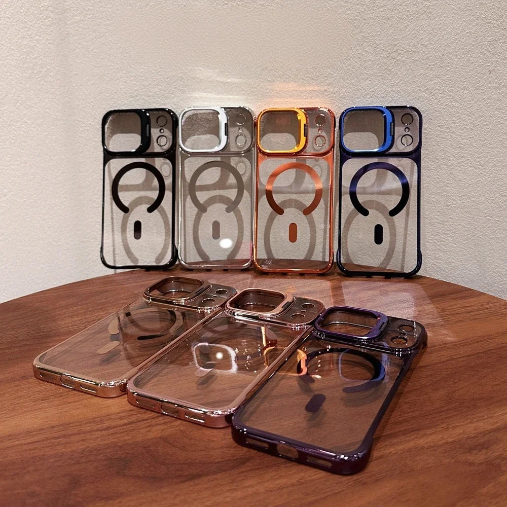 Clear Broderless PC Plating Case for iPhone Hold Lens Bracket