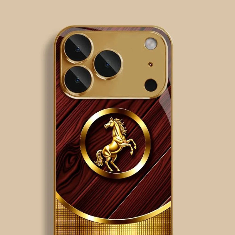 High End Golden Horse Pattern Tempered Glass Phone Case For iPhone 