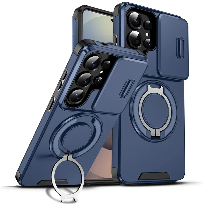 Samsung phone slider camera case with car magnetic mount and metal ring