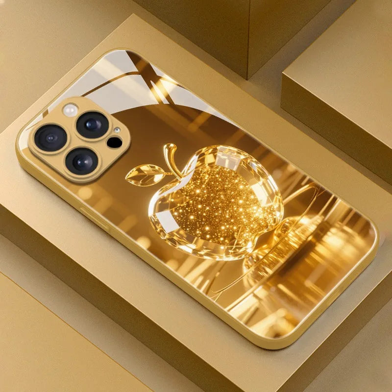 Fashion Gold Crystal For Apple Pattern Metallic Paint Glass Case For iPhone 