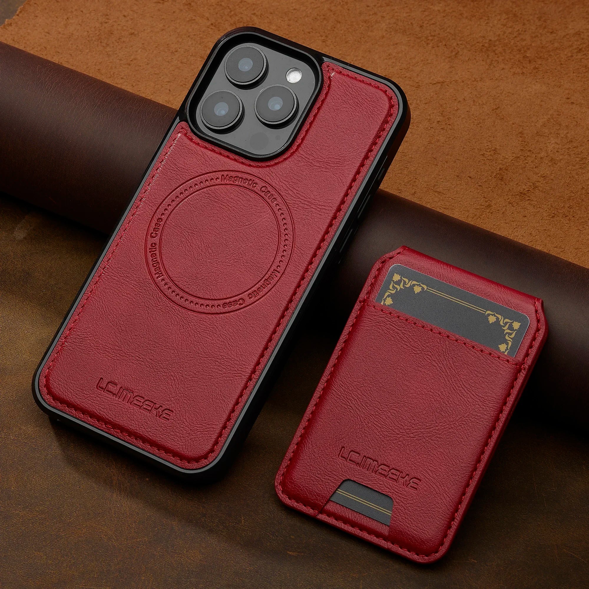 Detachable magnetic 2-in-1 genuine leather strap phone case with card slot for iPhone.