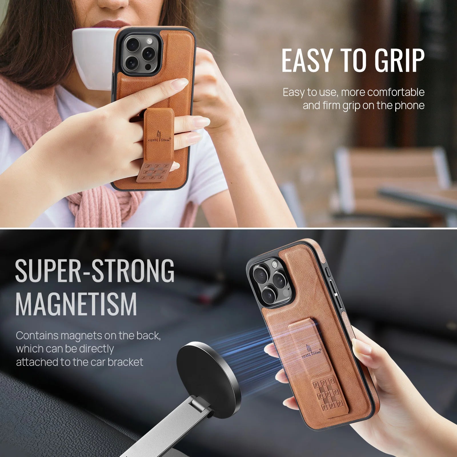 Leather+Soft Frame Cover Phone Case Finger Holder for IPhone