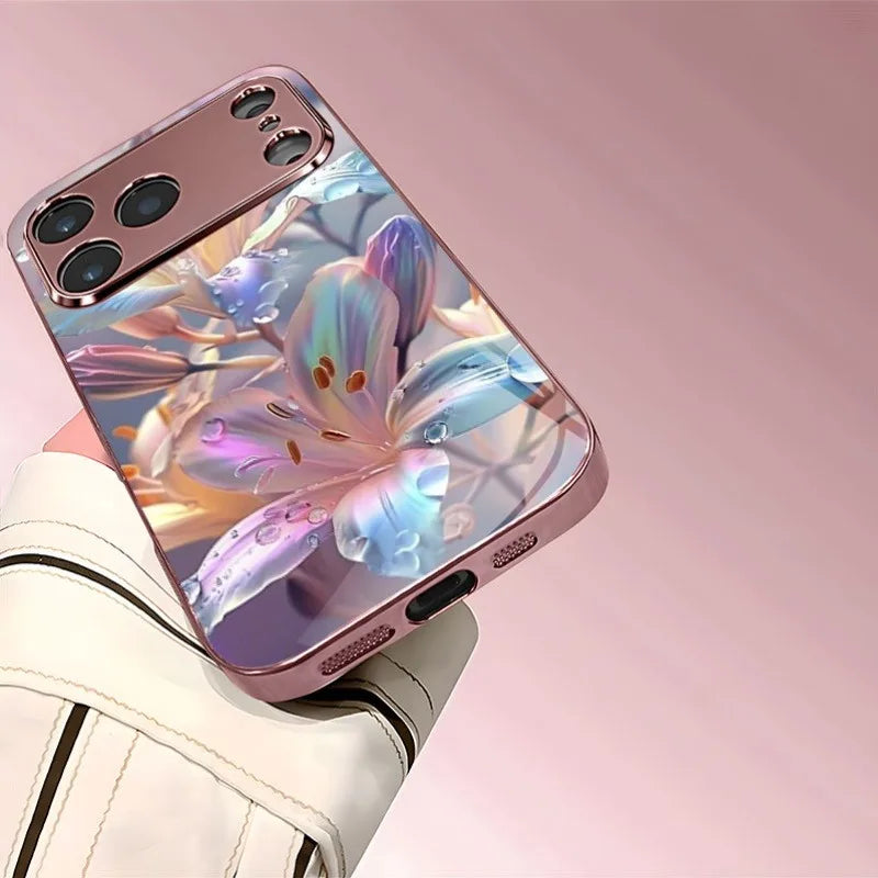 Colorful Lily Pattern Metallic Tempered Glass Phone Case For iPhone