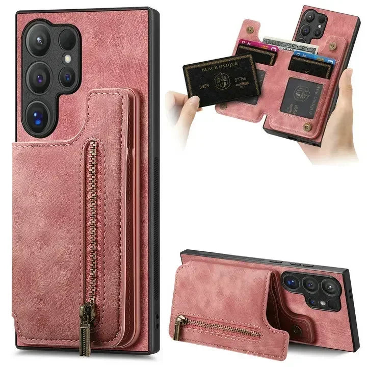 Zipper leather card bag magnetic phone case for Samsung