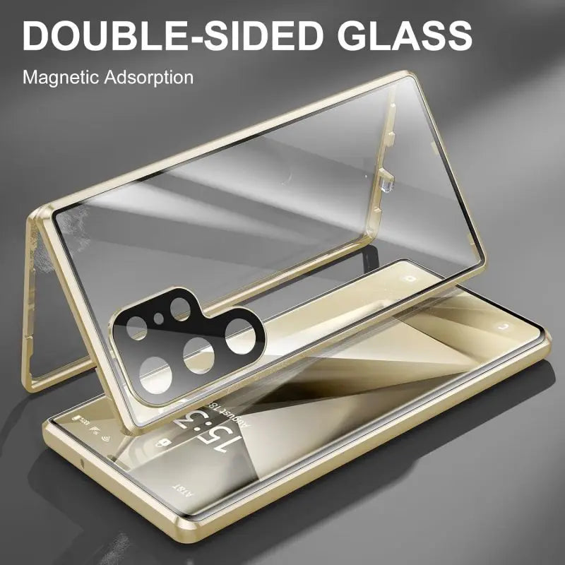 360° Metal Double Sided Glass Snap Lock Phone Case For Samsung Galaxy
