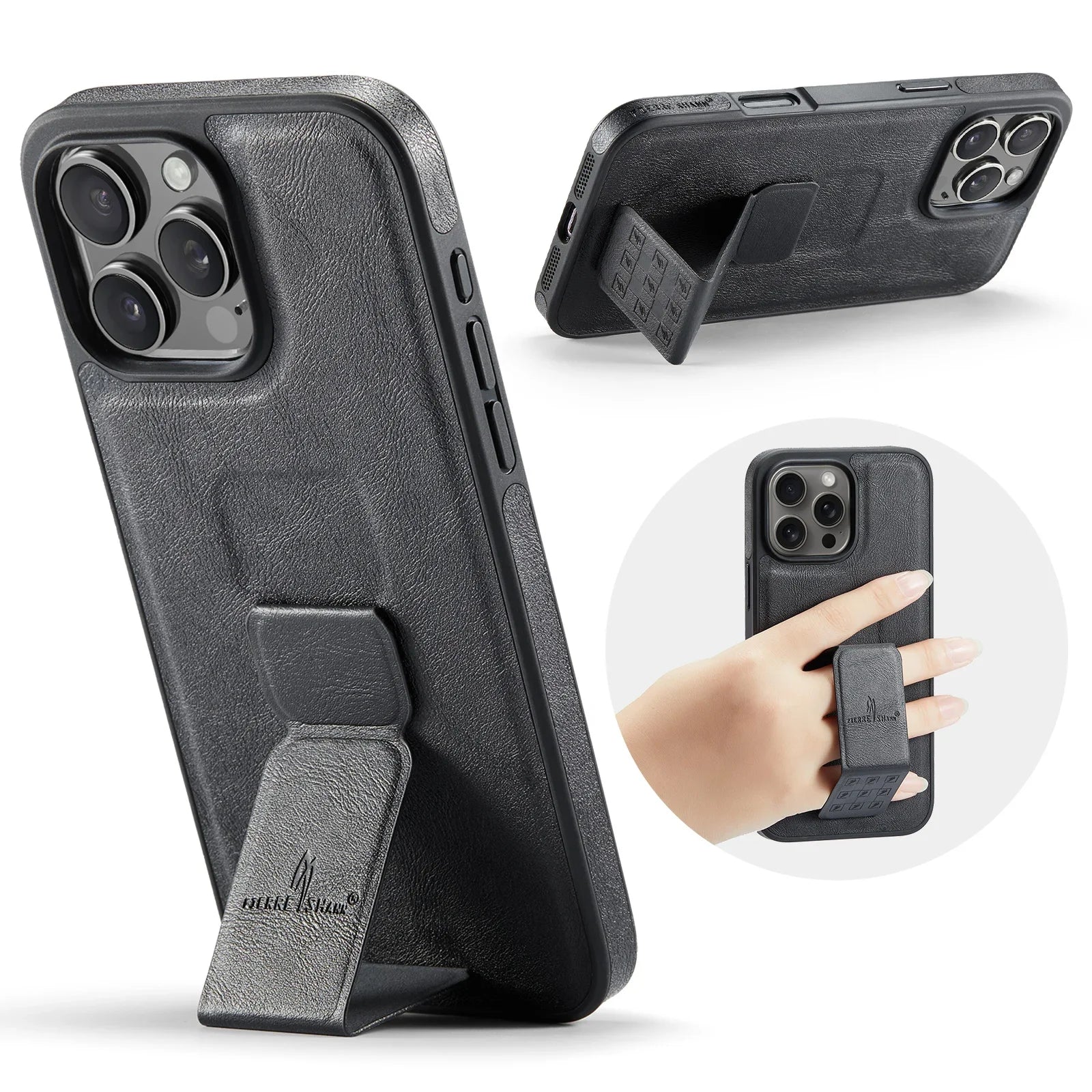 Leather+Soft Frame Cover Phone Case Finger Holder for IPhone