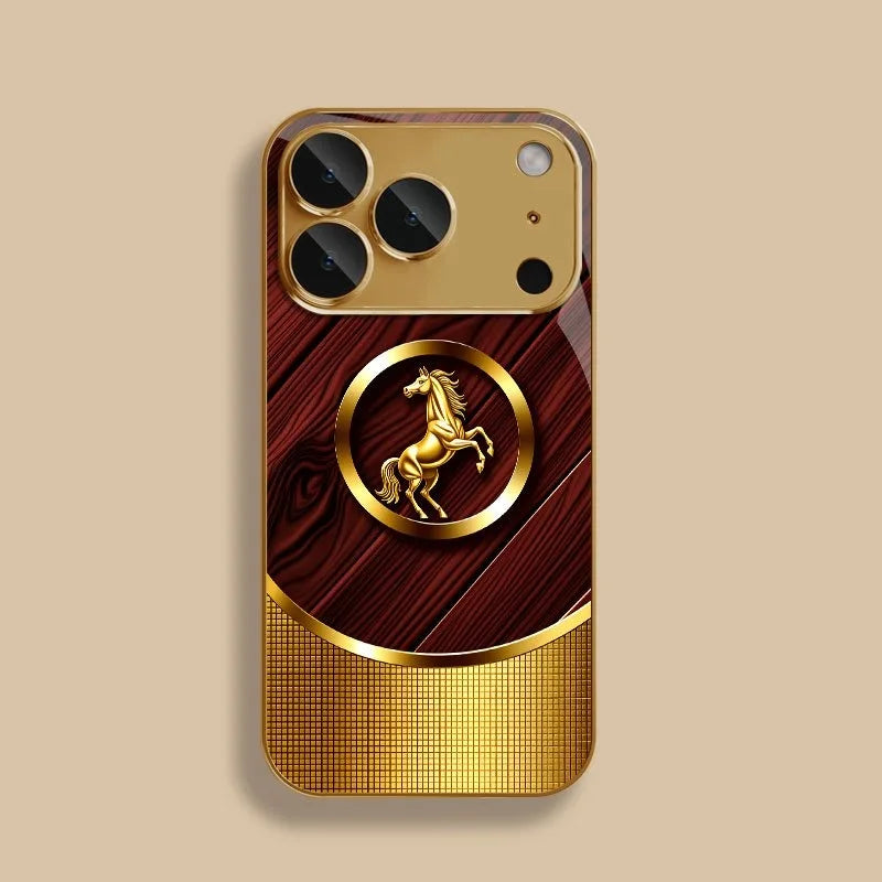 High End Golden Horse Pattern Tempered Glass Phone Case For iPhone 