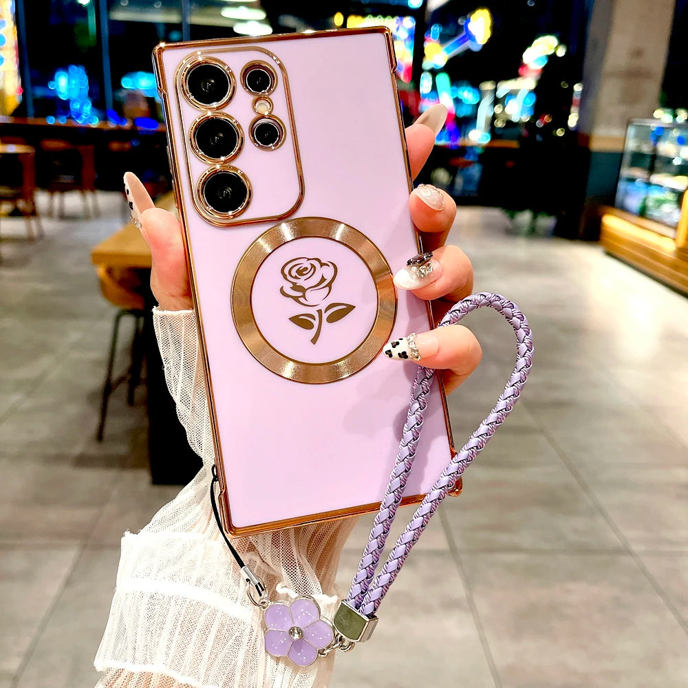 Plating Soft TPU Rose Case For Samsung For Lanyard Bracelet