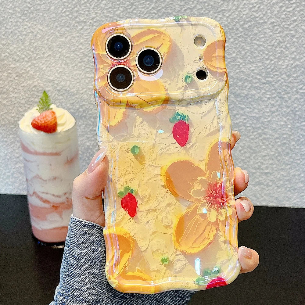 Luxury Wave Edge Laser Oil Painting Flowers Pattern Phone Case For iPhone
