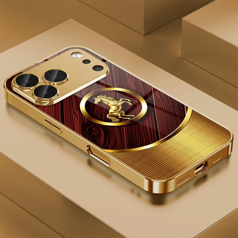 High End Golden Horse Pattern Tempered Glass Phone Case For iPhone 