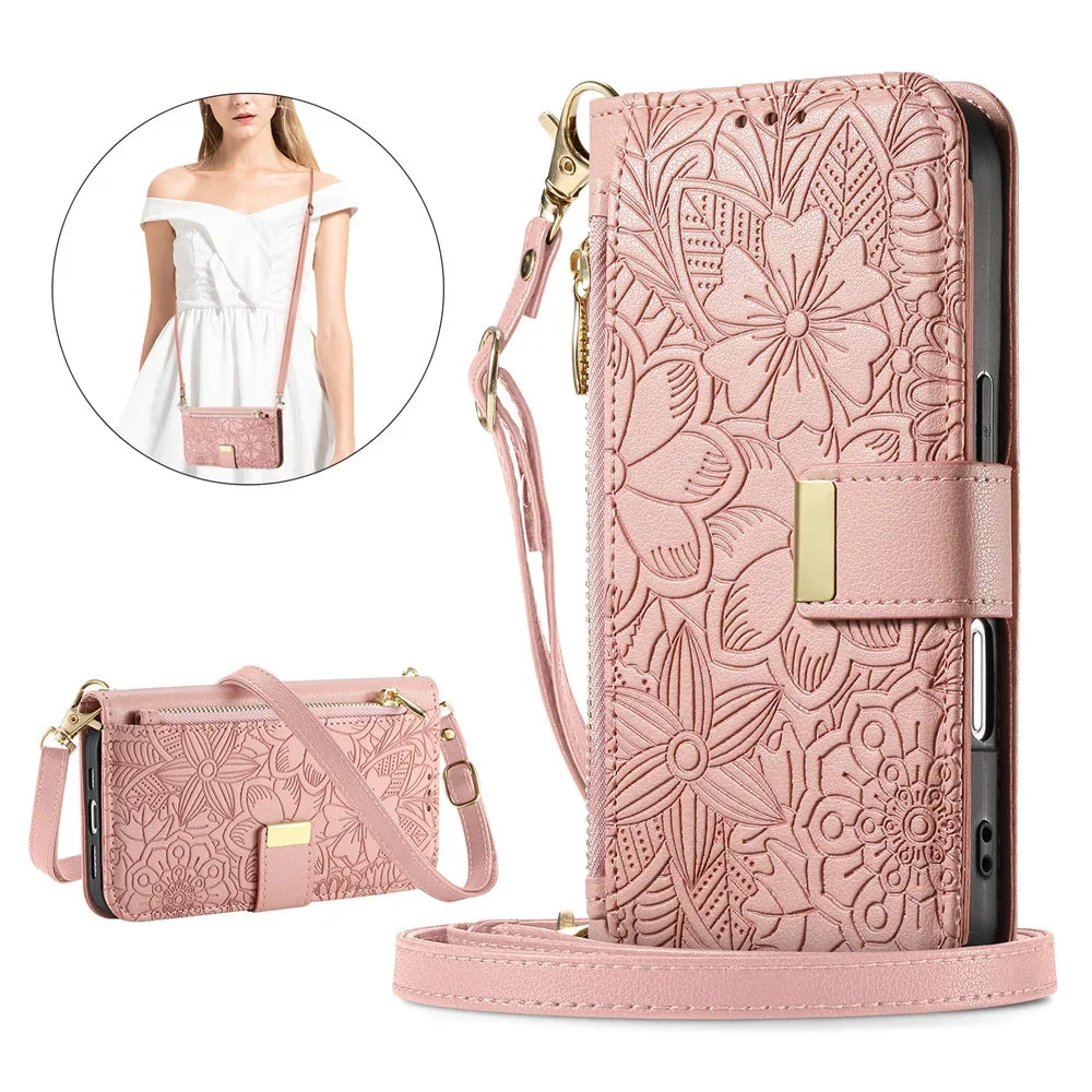 Leather Zipper Crossbody Flip Wallet Card Slot Case for IPhone