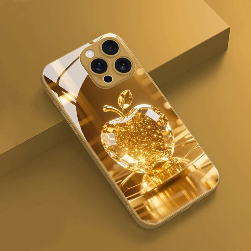Fashion Gold Crystal For Apple Pattern Metallic Paint Glass Case For iPhone 