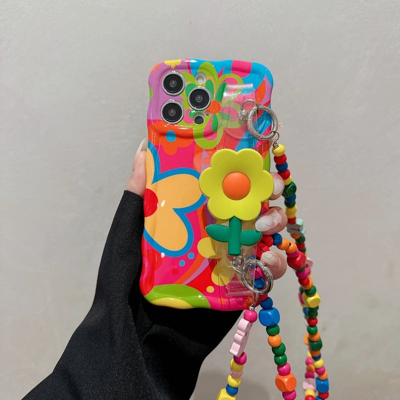 Colorful 3D Flower Grip Case For iphone with Wrist & Crossbody Strap