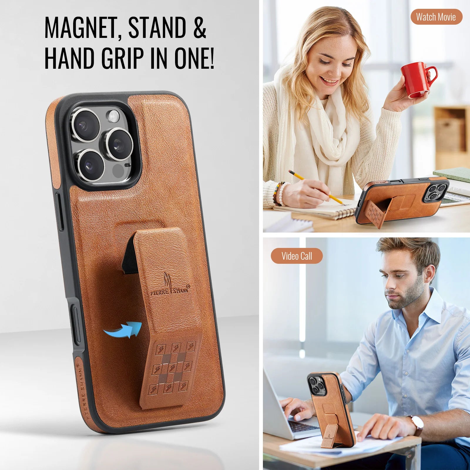 Leather+Soft Frame Cover Phone Case Finger Holder for IPhone