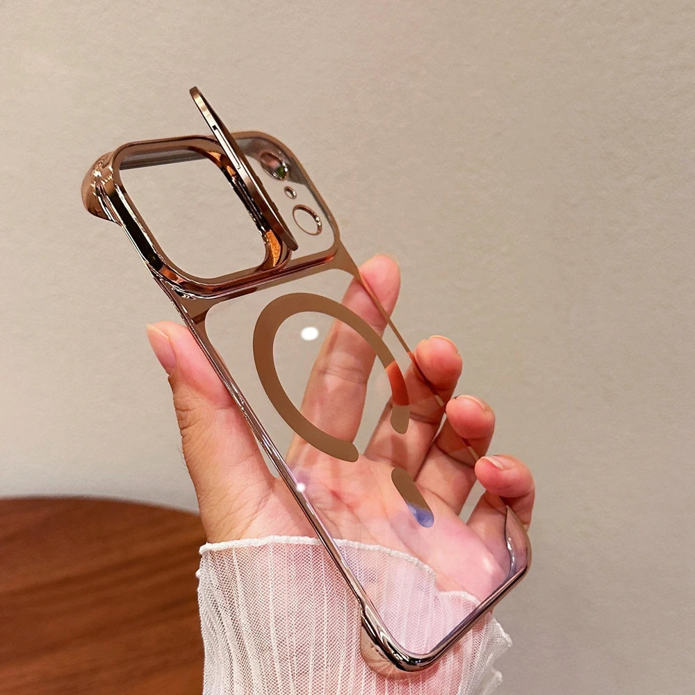 Clear Broderless PC Plating Case for iPhone Hold Lens Bracket