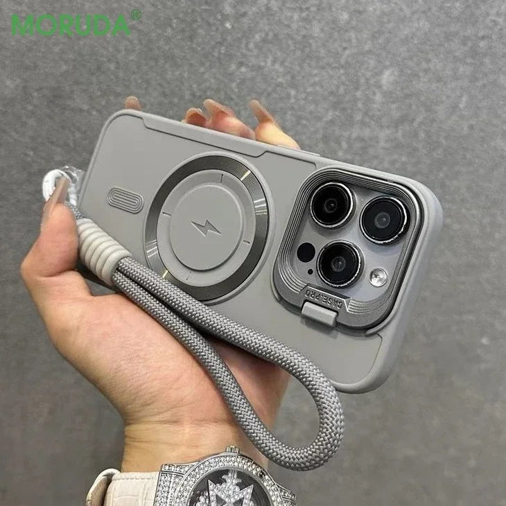 Luxury flip style lens holder hanging rope phone case for iPhone