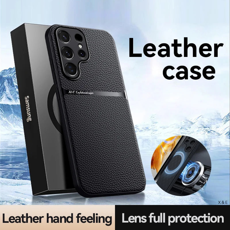 For Magnetic Car Holder Luxury Leather Phone Case For Samsung