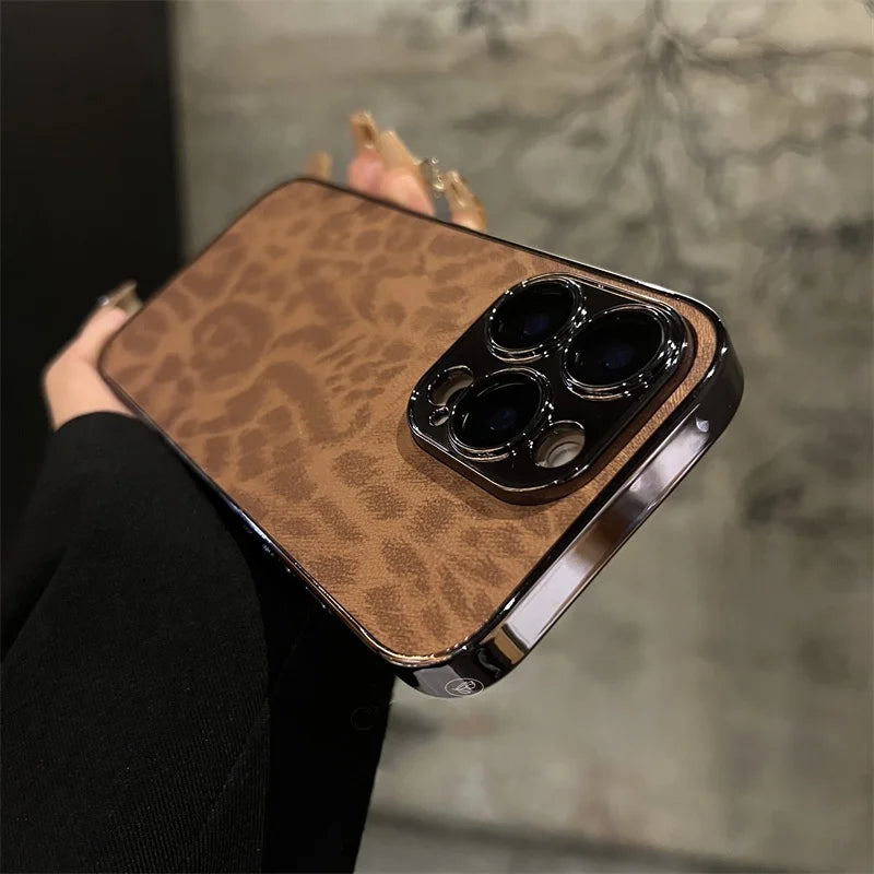 Luxury electroplated leopard print leather phone case for iPhone