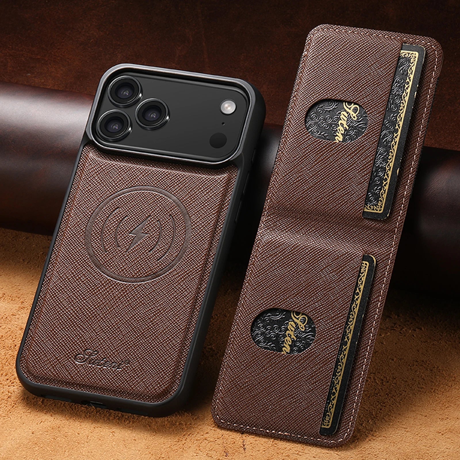 Vintage Distressed PU Leather Cover with Embossed Crest Detailing – Case for iPhone