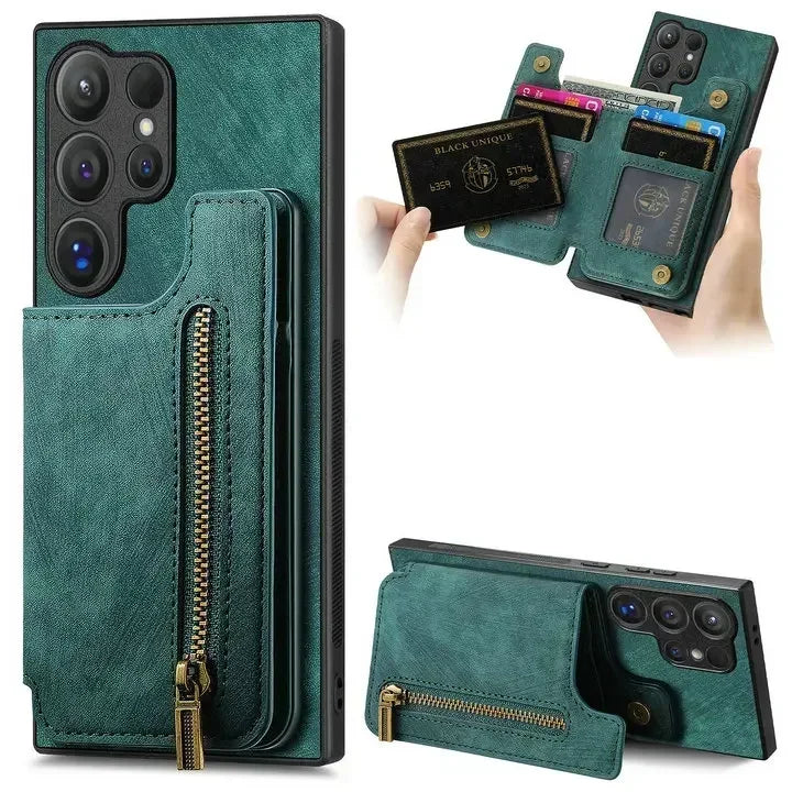 Zipper leather card bag magnetic phone case for Samsung