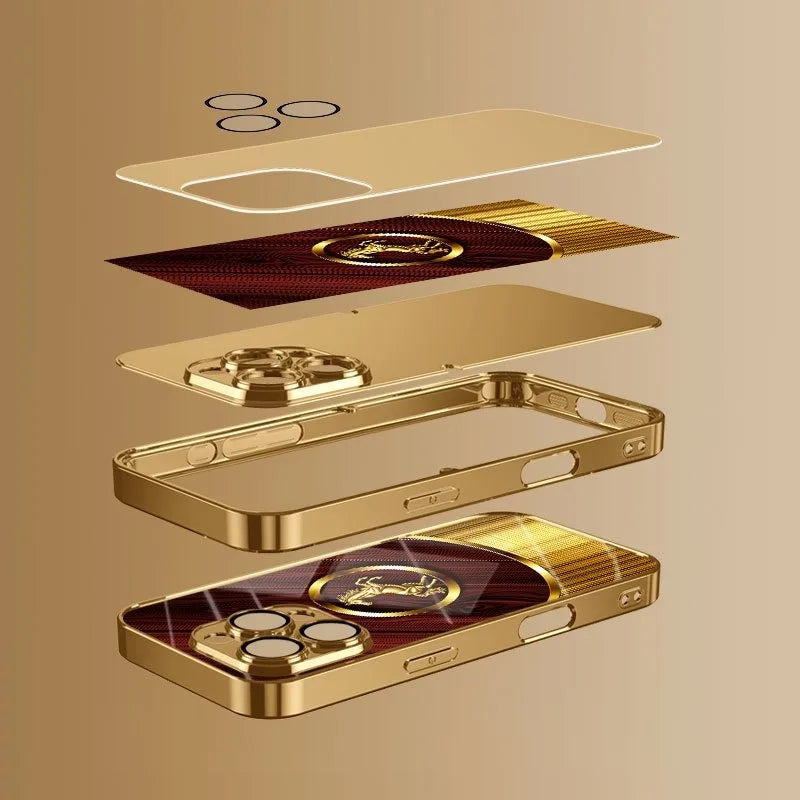 High End Golden Horse Pattern Tempered Glass Phone Case For iPhone 