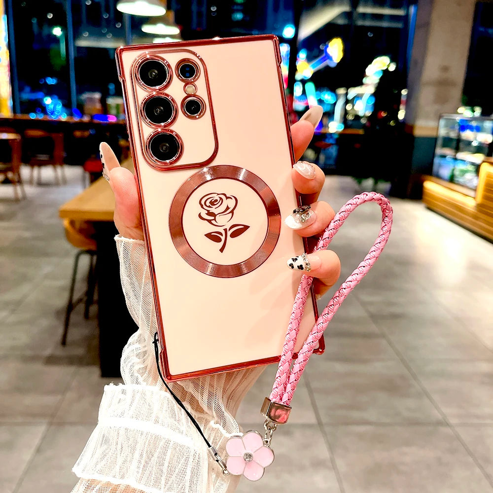 Plating Soft TPU Rose Case For Samsung For Lanyard Bracelet
