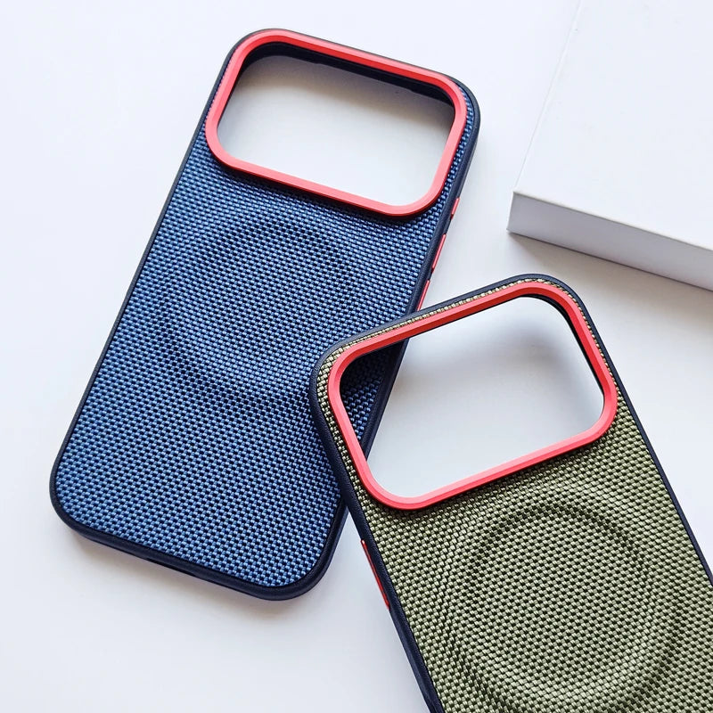 Luxury Magnetic Soft TPU+Nylon Woven Leather Back Anti-Fingerprint Cover for iPhone