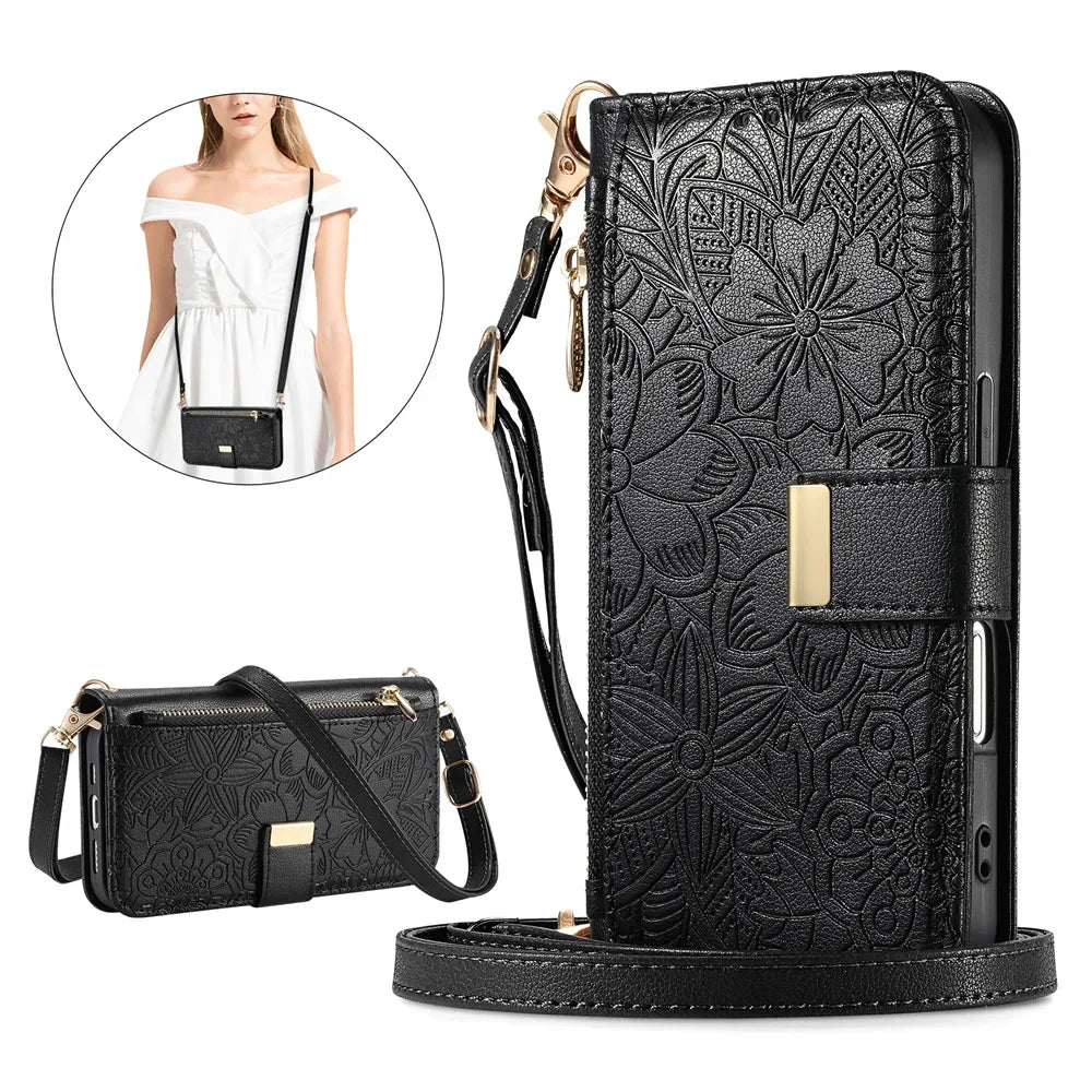 Leather Zipper Crossbody Flip Wallet Card Slot Case for IPhone