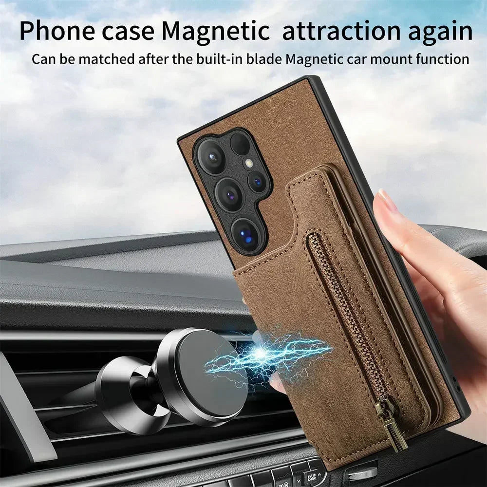 Zipper leather card bag magnetic phone case for Samsung