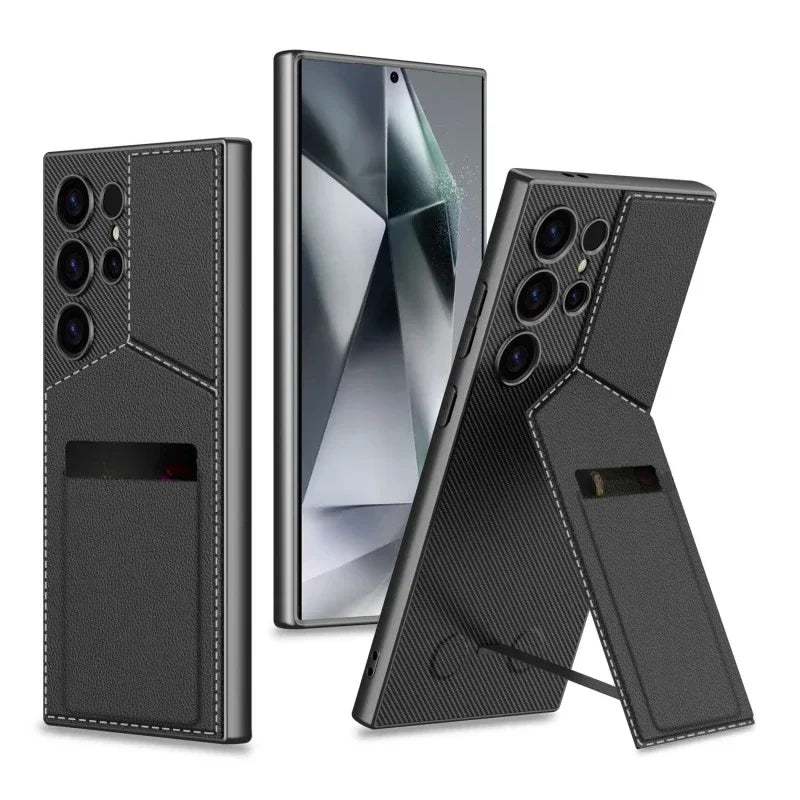 Armor Leather Card Holder with Magnetic Folding Holder for Galaxy S Series