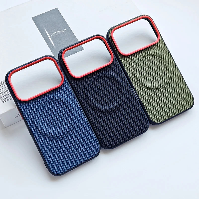 Luxury Magnetic Soft TPU+Nylon Woven Leather Back Anti-Fingerprint Cover for iPhone