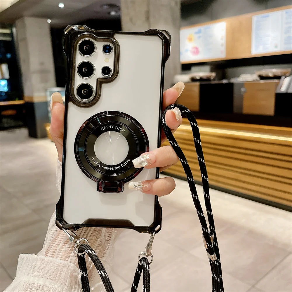 Electroplating bracket magnetic charging lanyard phone case suitable for Samsung