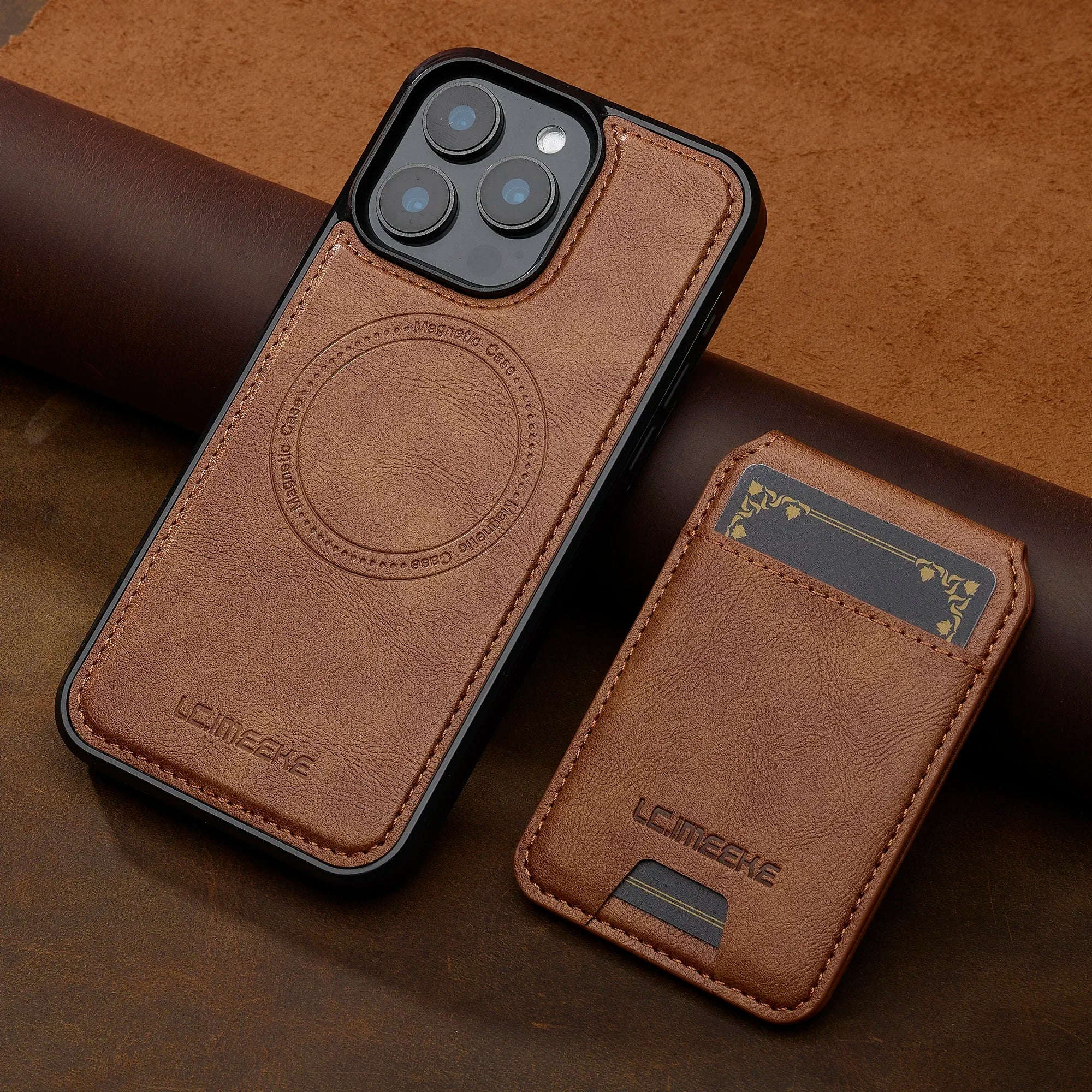 Detachable magnetic 2-in-1 genuine leather strap phone case with card slot for iPhone.