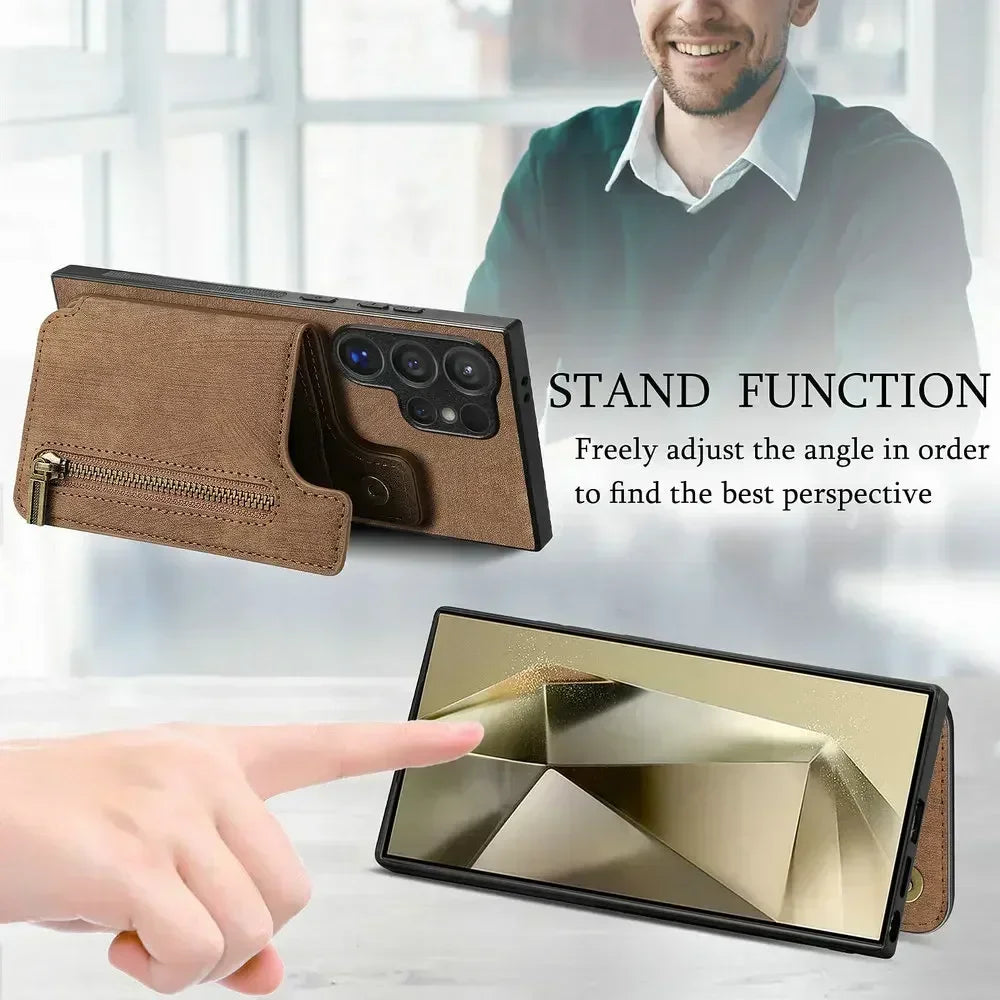 Zipper leather card bag magnetic phone case for Samsung