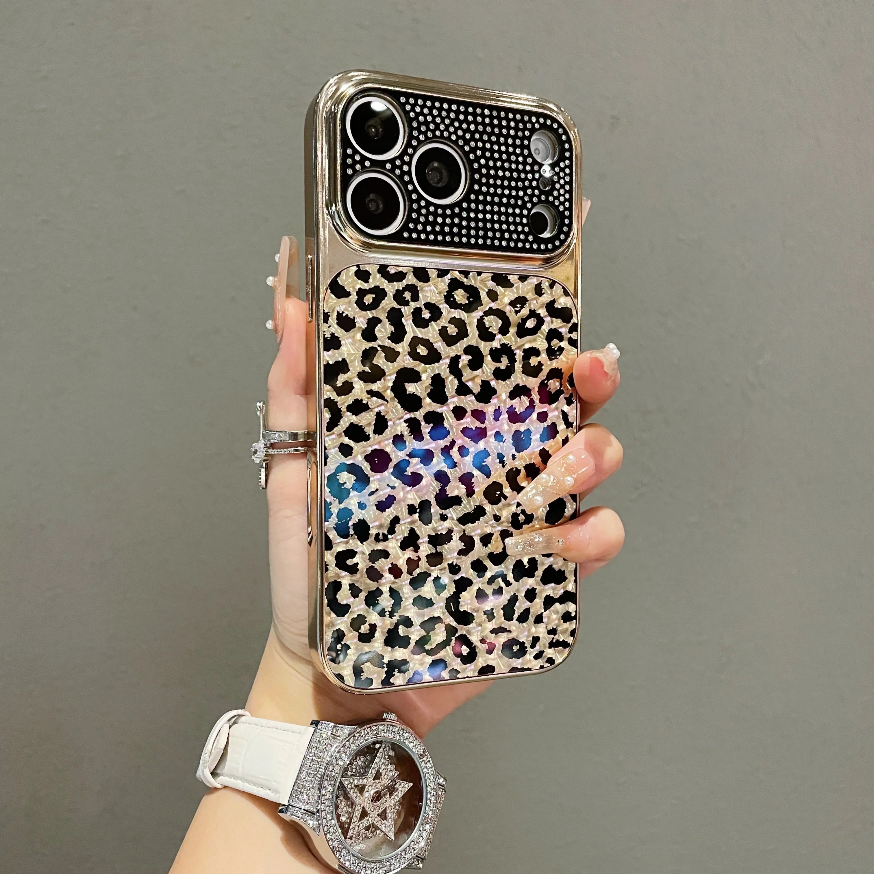 Leopard Print Crystal Phone Case – Electroplated Edge Full-Cover Protective Case for Women
