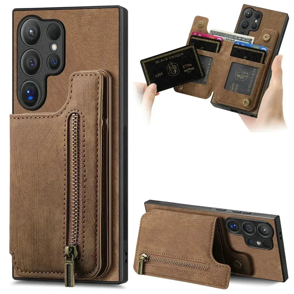 Zipper leather card bag magnetic phone case for Samsung