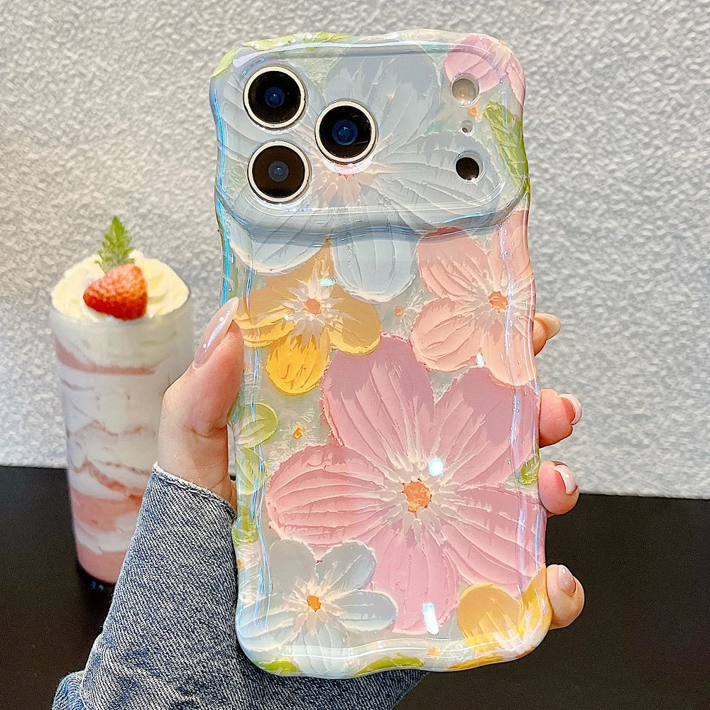 Luxury Wave Edge Laser Oil Painting Flowers Pattern Phone Case For iPhone
